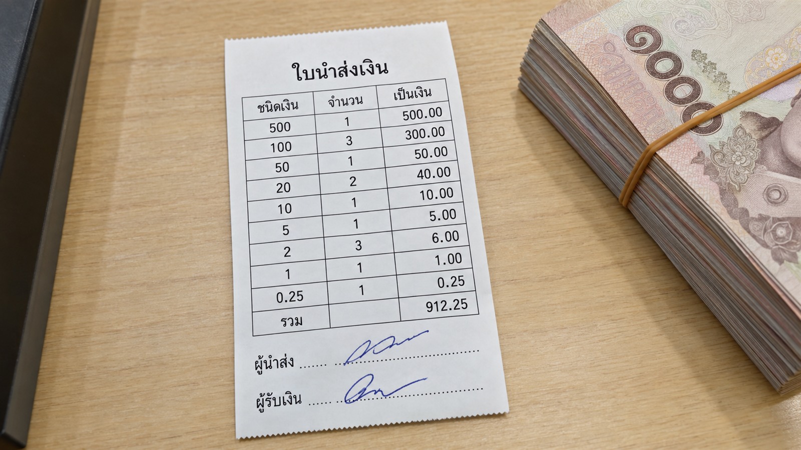 สลิปใบนำส่งเงินจากเครื่องพิมพ์กระดาษม้วน วางบนเคาน์เตอร์ข้างปึกธนบัตรที่มัดไว้ เห็นหัว "ใบนำส่งเงิน" ยอดรวม และบรรทัดลงชื่อผู้นำส่งกับผู้รับเงินที่เซ็นแล้ว