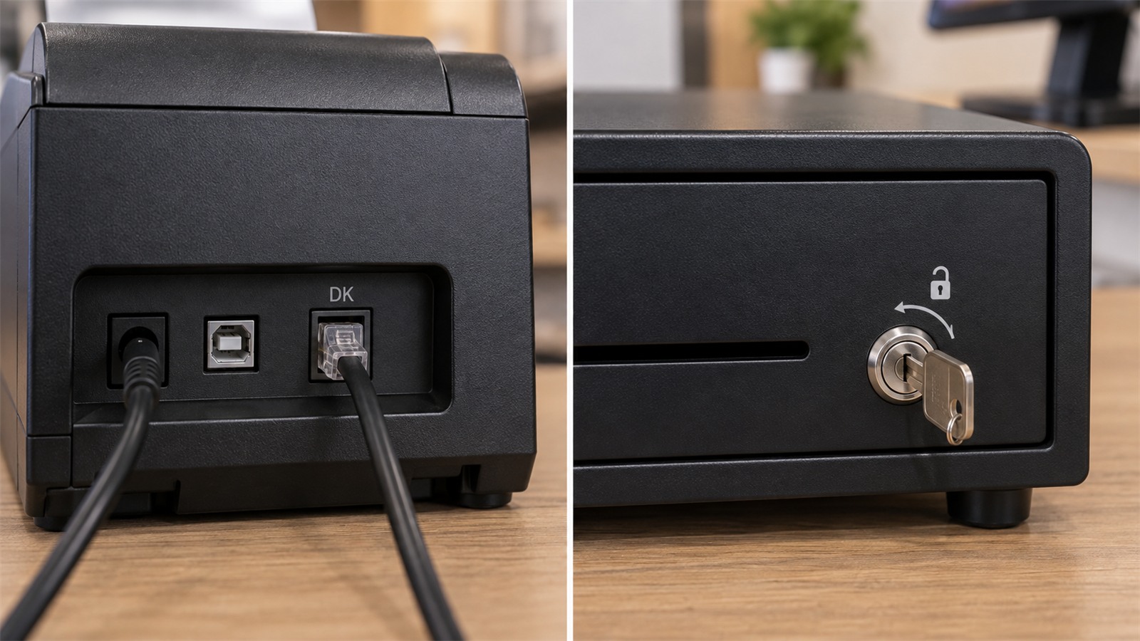 ด้านหลังเครื่องพิมพ์ใบเสร็จ ชี้ช่องเสียบสายลิ้นชัก (RJ11) ที่มีสายจากลิ้นชักเสียบอยู่ และกุญแจที่ด้านหน้าลิ้นชักในตำแหน่งปลดล็อก