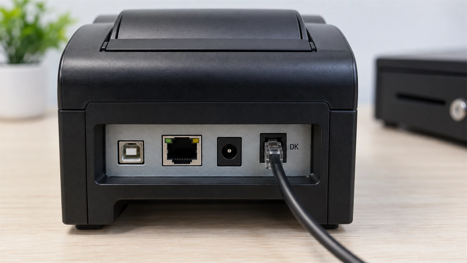 ช่อง RJ11 ด้านหลังเครื่องพิมพ์ใบเสร็จที่เสียบสายลิ้นชัก