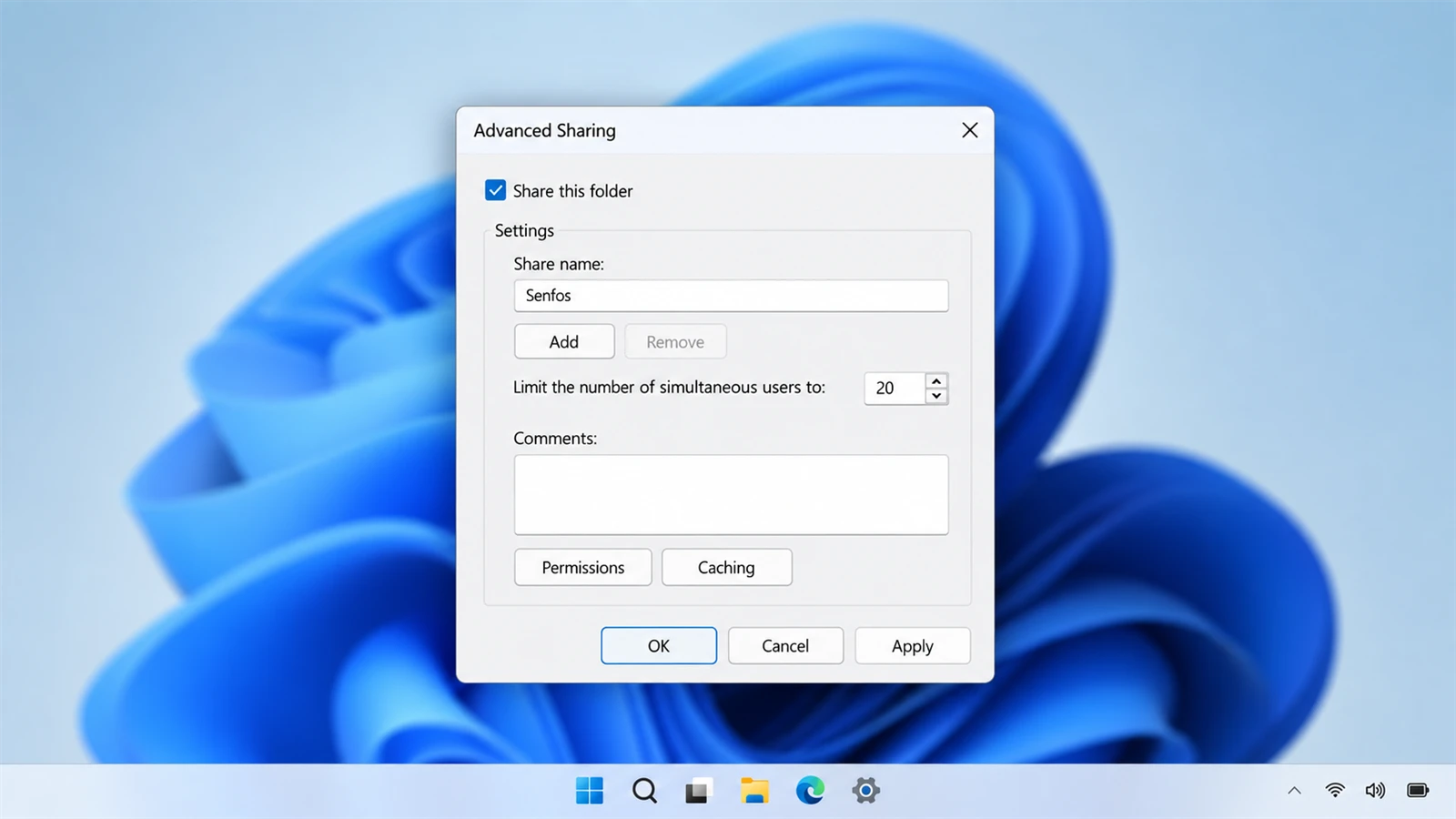 หน้าต่าง Advanced Sharing ของ Windows ที่ติ๊ก Share this folder และตั้งชื่อแชร์เป็น Senfos