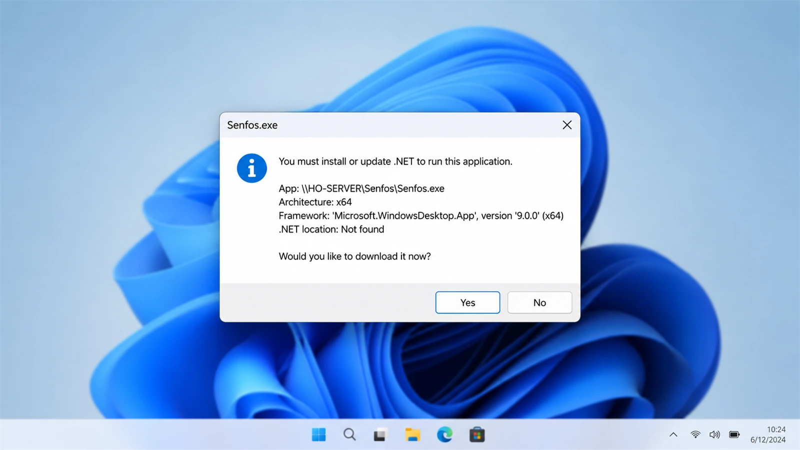 หน้าต่าง Windows ที่แจ้งให้ติดตั้ง .NET Desktop Runtime 9 บนเครื่องที่ยังไม่มี