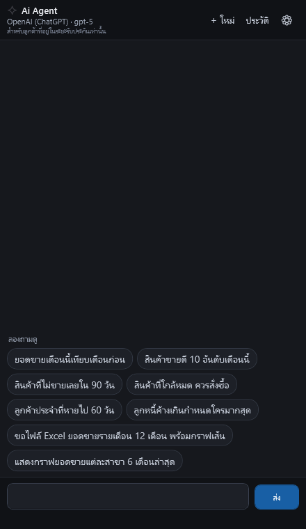 สถานะพร้อมใช้งาน แชทว่าง แสดงชิปคำถามแนะนำ 8 ข้อ (ตั้งค่า OpenAI gpt-5 ไว้แล้ว)
