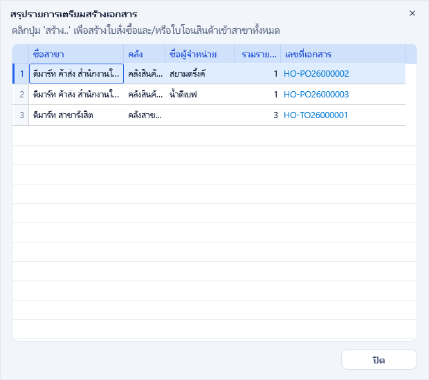 สรุปรายการเตรียมสร้างเอกสาร หลังสร้างเสร็จ มีเลขที่เอกสารครบทุกแถว
