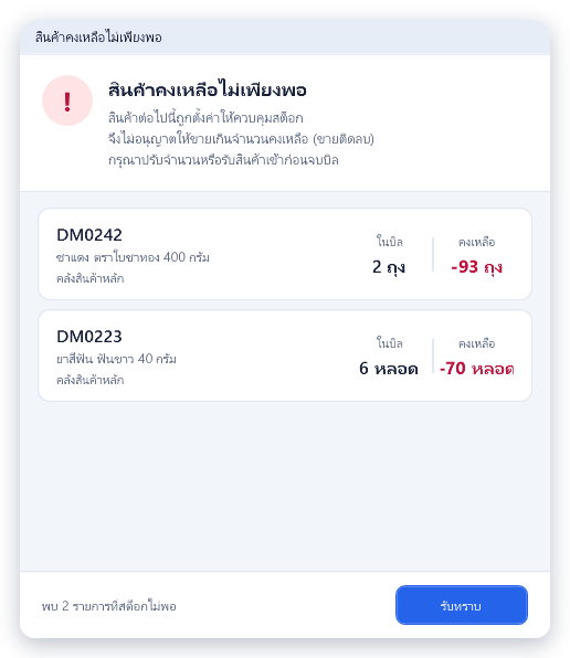 สินค้า 2 รายการคงเหลือไม่พอ