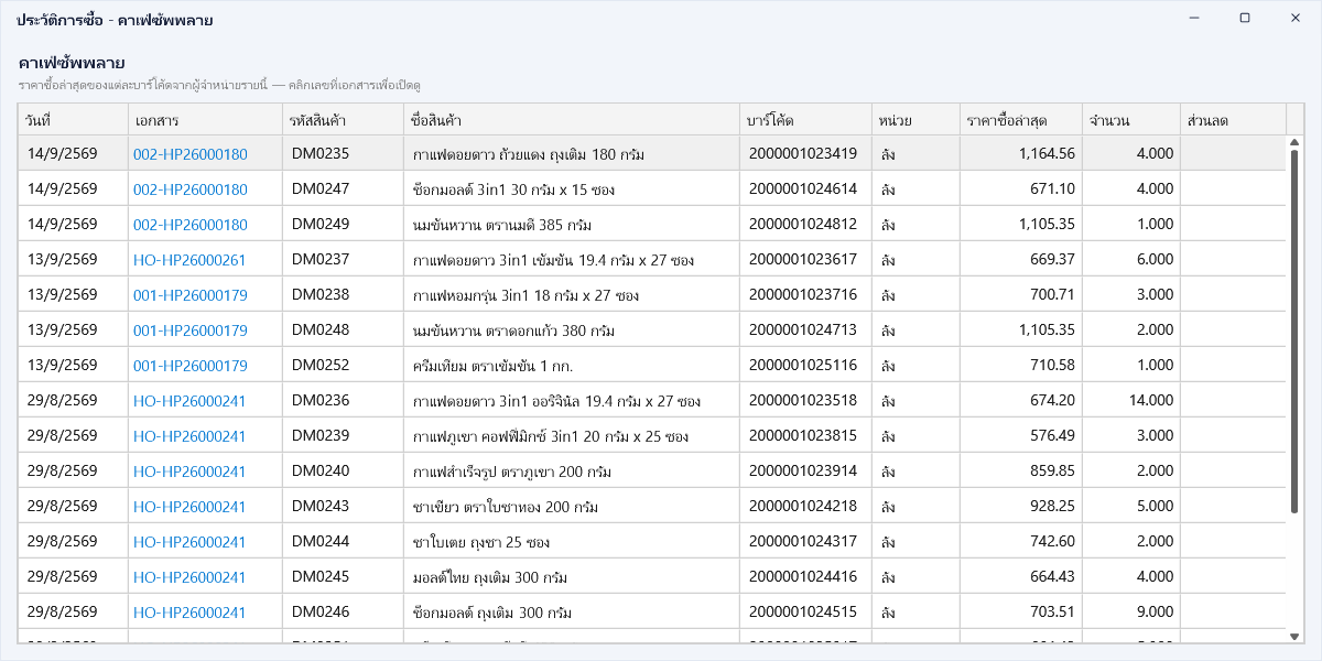 ประวัติการซื้อของผู้จำหน่ายรายหนึ่งใน senfos_demo ที่มีราคาซื้อหลายรายการ